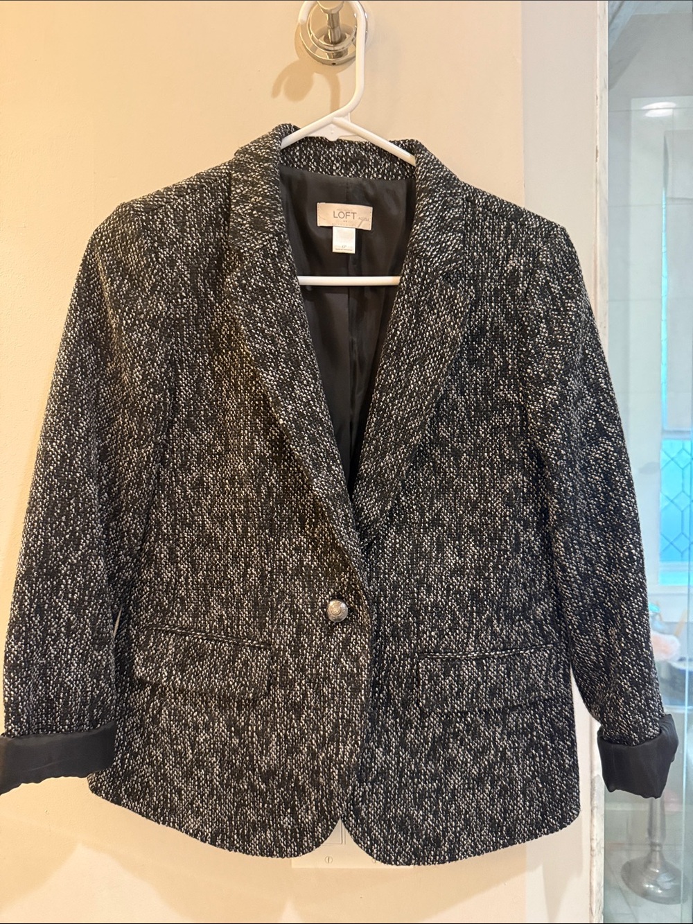LOFT Black and White Tweed One-Button Blazer